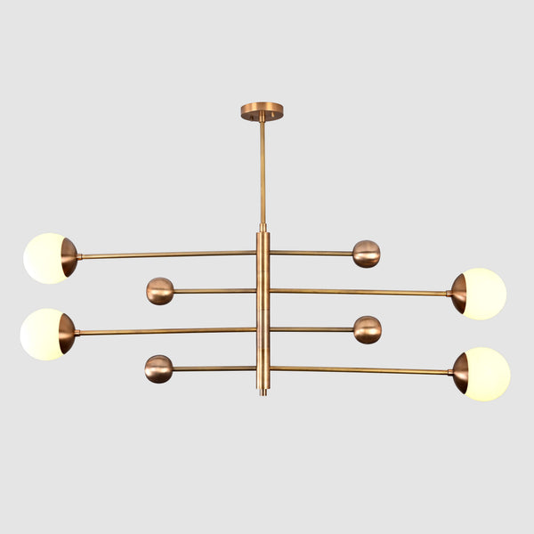 Front view of handcrafted solid brass 4-light chandelier with opal globes in sleek linear arrangement.