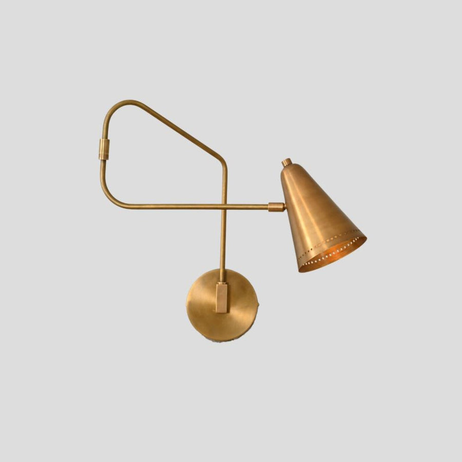 Handmade brass swing arm wall sconce with adjustable cone shade, modern minimalist design front view