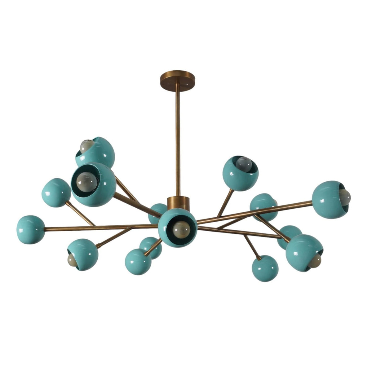 Modern sputnik chandelier in brushed brass with glossy aqua blue globe lights and mid-century inspired form.