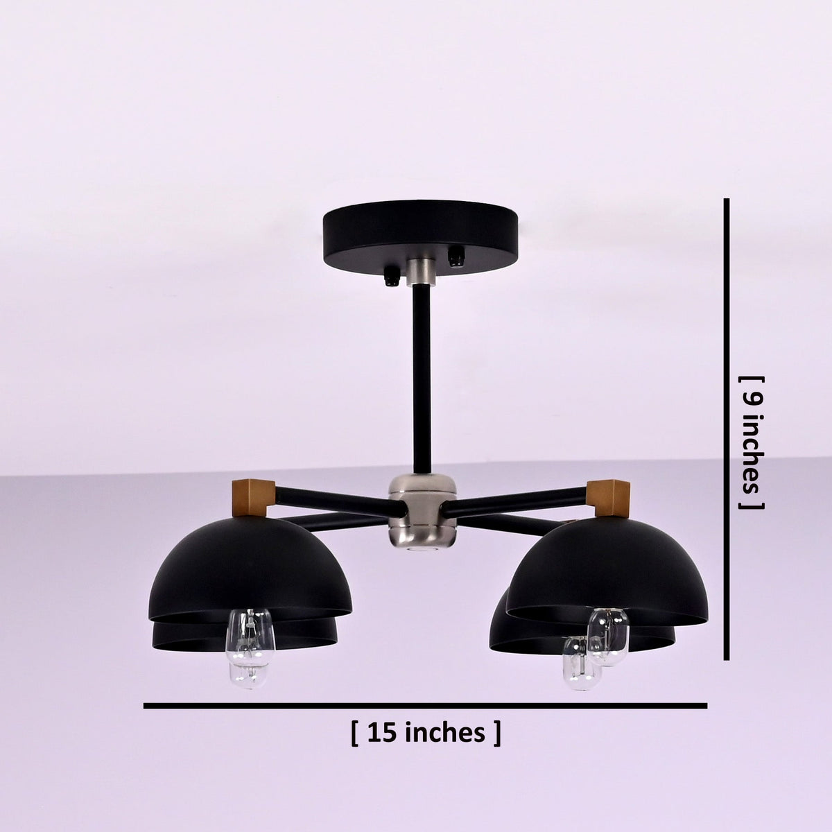 Brass bowl flush mount ceiling light with 15 inch width and 9 inch height shown for size reference.