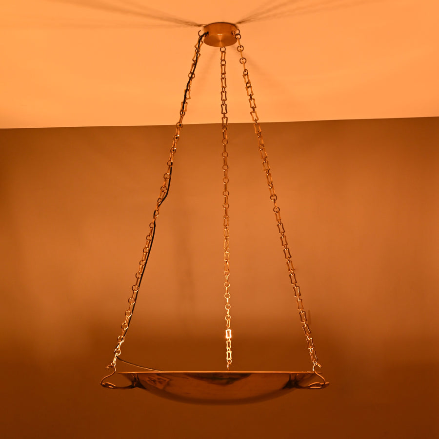 30-inch solid brass bowl chandelier with chain suspension, handcrafted by Brass Leaf Studio