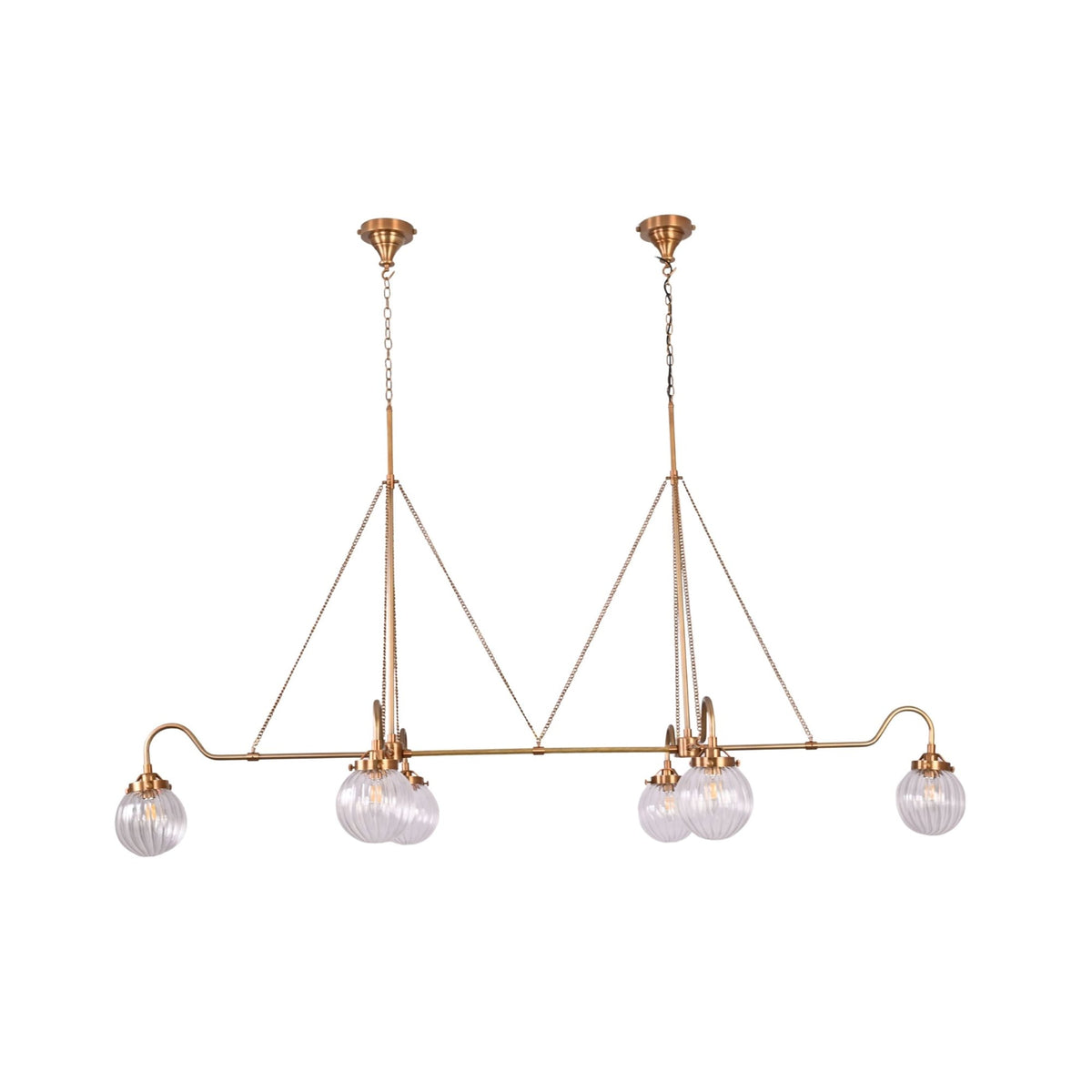 Chain suspended linear chandelier with dual ceiling canopies, brass rods, and six ribbed glass globe lights