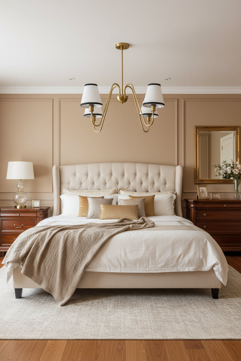 Size guide for 4-Light Brass Chandelier With Fabric Shades – Classic Dining Room Ceiling Light – Model 33388