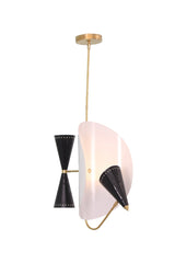 Full length view of 3 light brass cone chandelier with curved backplate and dual black cone shades, contemporary statement lighting