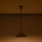 Brass cone pendant light on white background showing chain suspension, ceiling canopy, and wide shade design