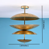 Modern brass disc flush mount ceiling light showing 18 inch diameter and 21 inch height, customizable handcrafted lighting design.