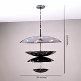 Multi-tier 24-inch brass disc chandelier showing 38-inch height and cascading bowl silhouette