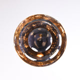 Bottom view of multi-tier brass disc chandelier with reflective polished and hammered textures