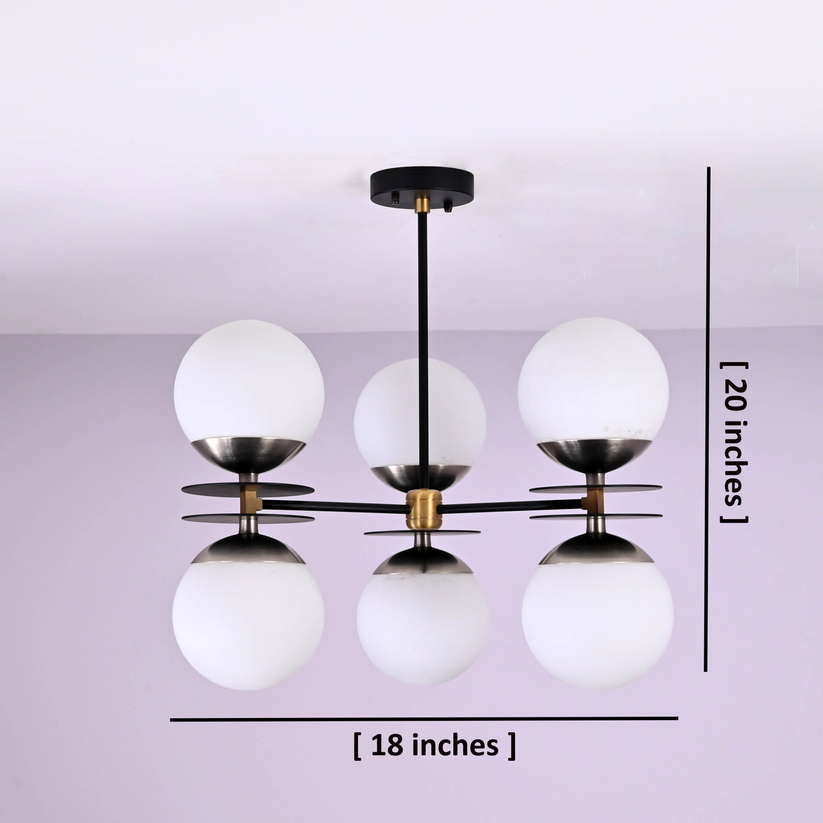 Dimensions of modern brass disc chandelier showing 18 inch width and 20 inch height with six opal globes