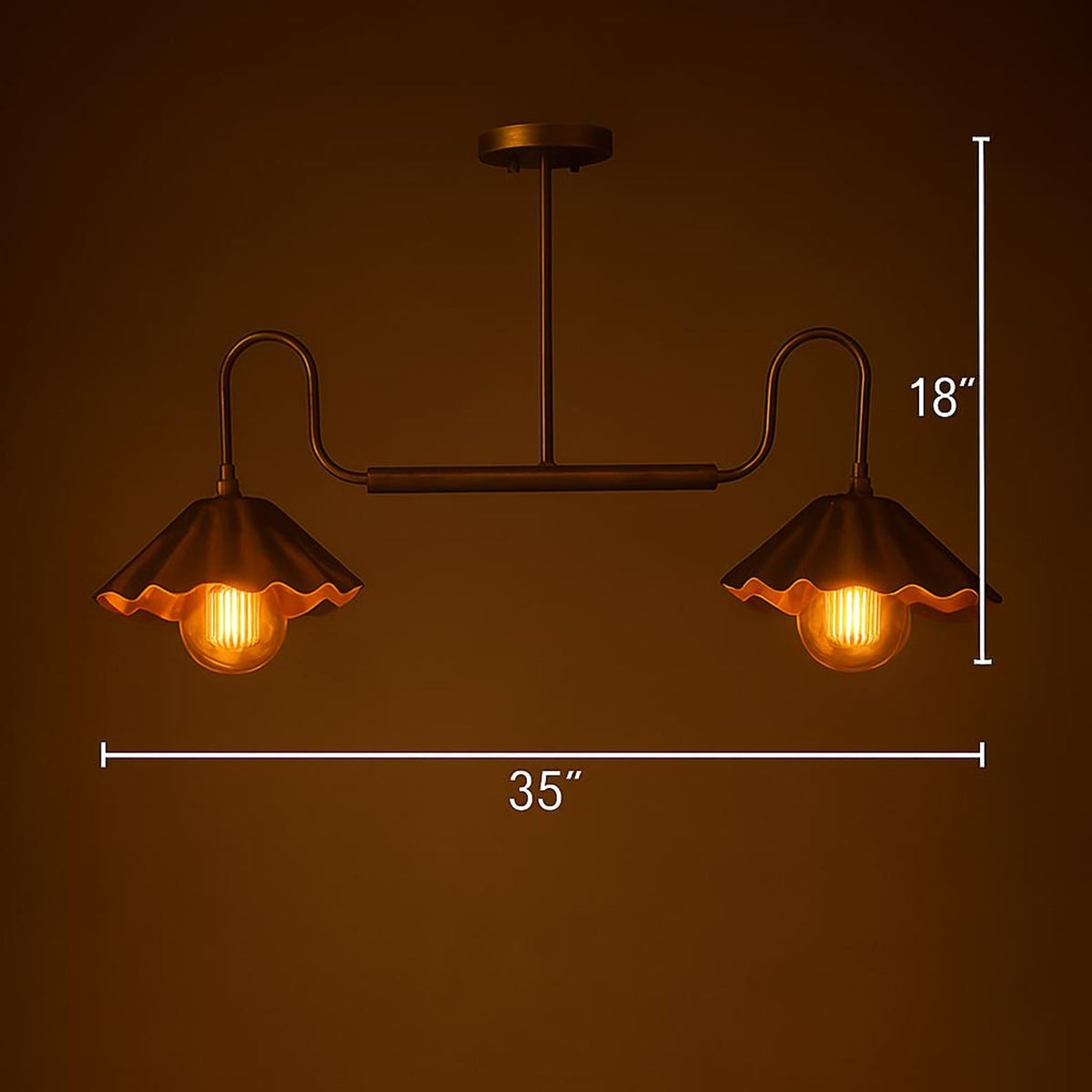 Dimension diagram of a 35-inch wide and 18-inch high brushed brass 2-light disc chandelier with scalloped bowl shades