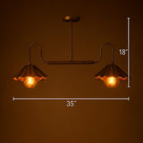 Dimension diagram of a 35-inch wide and 18-inch high brushed brass 2-light disc chandelier with scalloped bowl shades