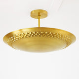 24 inch solid brass disc flush mount ceiling light with geometric textured detailing and brushed brass finish by Brass Leaf Studio
