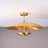 24-inch brass disc flushmount ceiling light with dual bowl shades in brushed brass finish by Brass Leaf Studio