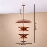 Multi-tier brass disc chandelier showing full dimensions with 24-inch width, 53-inch height, and 20-inch drop rod length