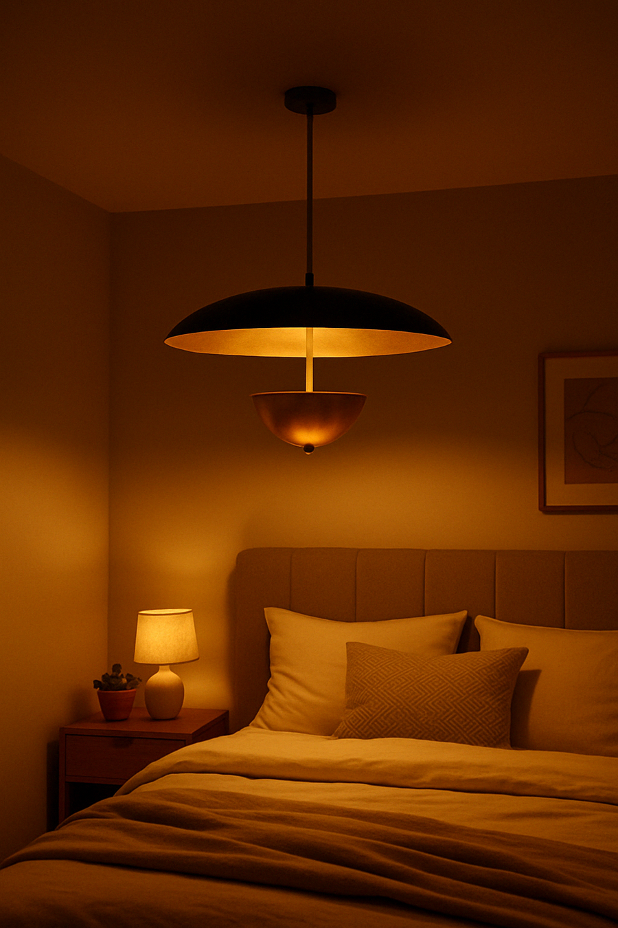 Front view of modern brass dual-shade pendant featuring a wide dome and inner brass bowl in a sculptural contemporary design.