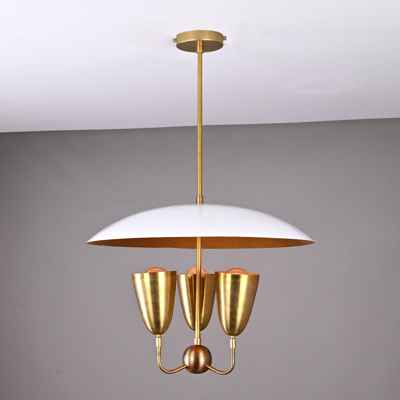 Modern brass dome shade 3-light chandelier with curved top shade and sculpted brass cups, mid-century designer pendant light.