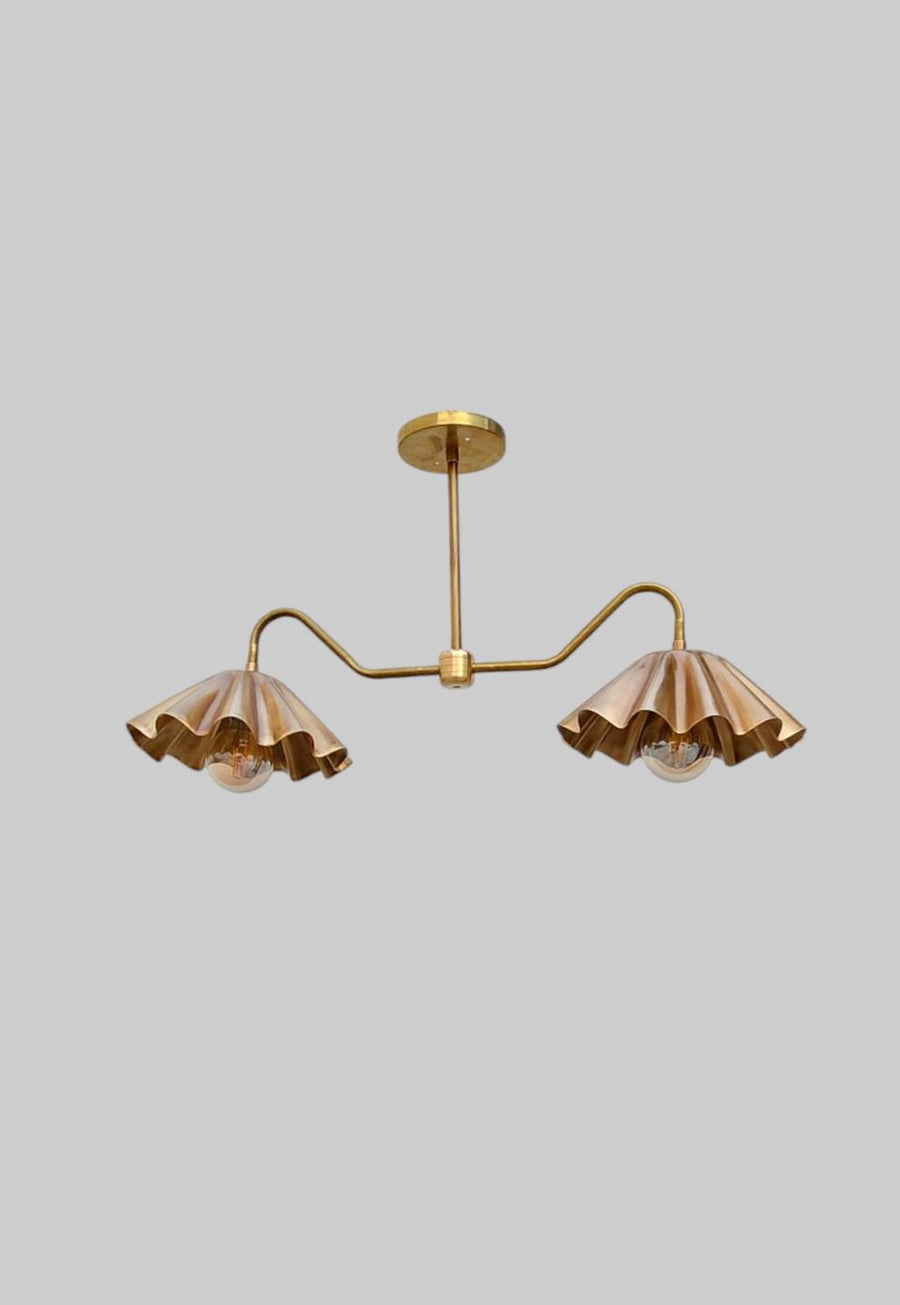 Handmade brass double arm ceiling light with sculptural wavy shades – modern flush mount chandelier