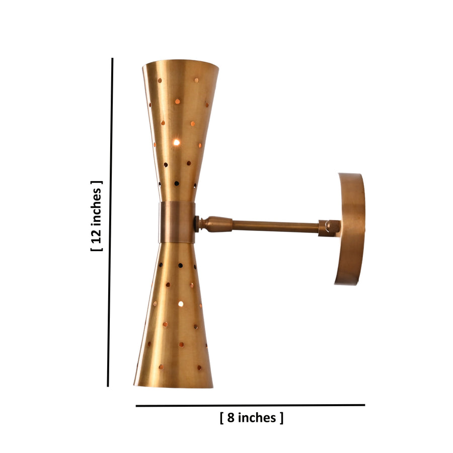 Front view of mid-century modern brass double cone wall sconce with perforated detailing
