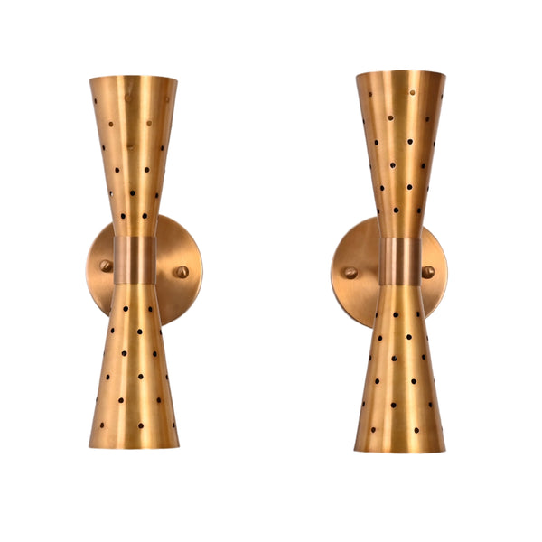 Pair of mid-century modern brass double cone wall sconces with perforated design, front view