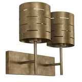 Handcrafted brass dual wall sconce with cylindrical slotted shades and brushed brass finish, modern wall light fixture