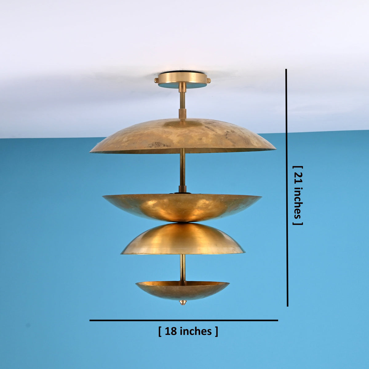 Modern brass disc flush mount ceiling light showing 18 inch diameter and 21 inch height with customizable handcrafted design.