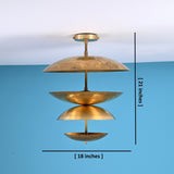 Modern brass disc flush mount ceiling light showing 18 inch diameter and 21 inch height with customizable handcrafted design.