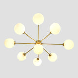Brass ceiling fixture with nine round glass globe lights creating soft ambient illumination for modern interiors