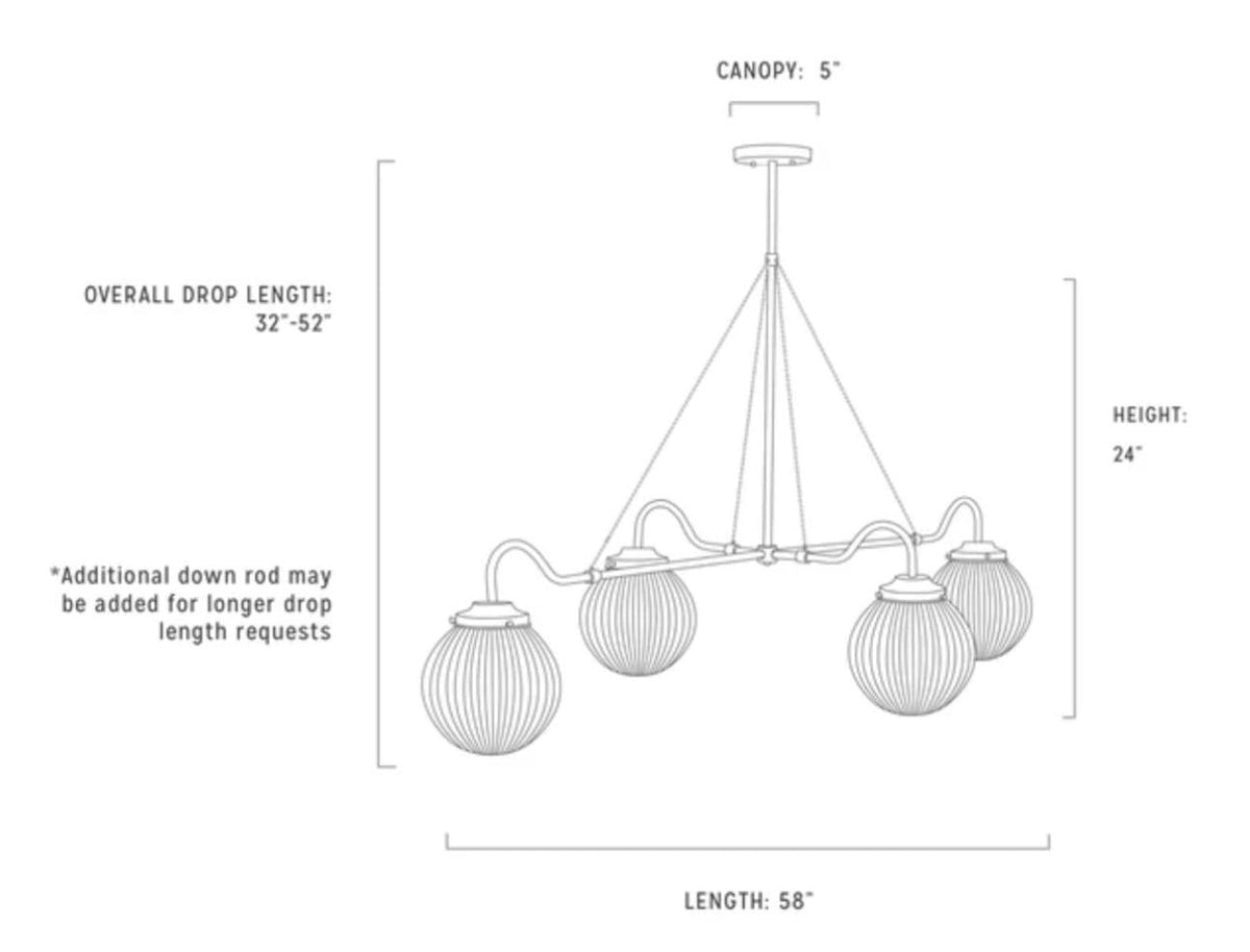 Technical diagram of linear brass chandelier showing 58-inch length, 24-inch height, and adjustable drop length between 32 and 52 inches.