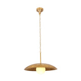 Brass globe pendant light on white background showing clean saucer shade, chain suspension, and canopy detail
