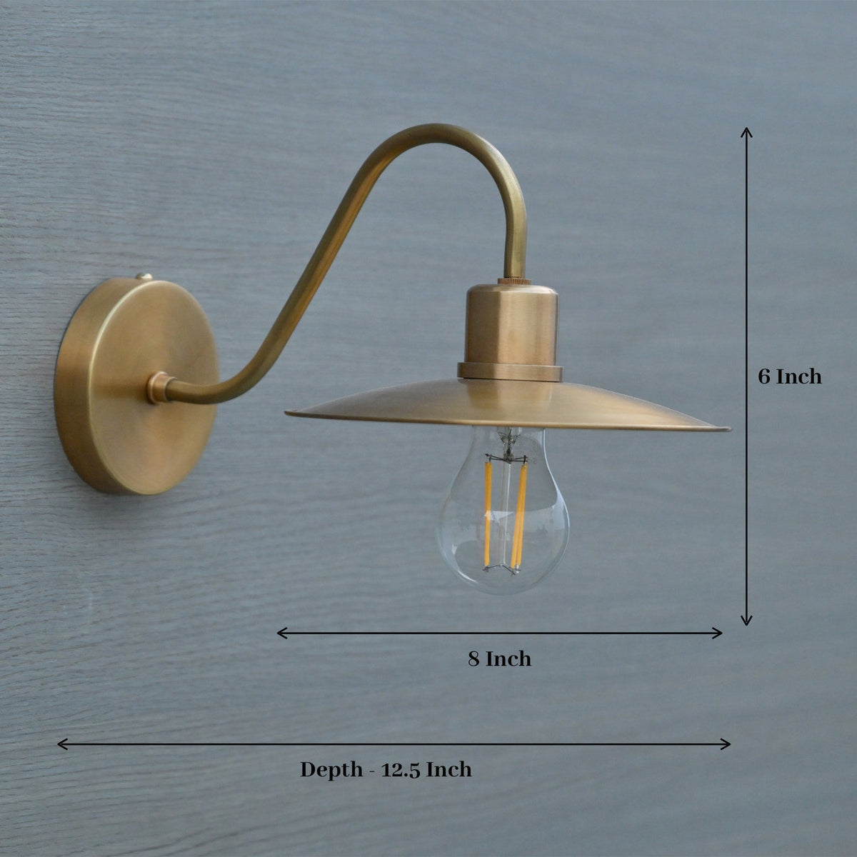 Dimensional image of brass gooseneck wall light showing 8-inch width, 6-inch height, and 12.5-inch depth for size reference.