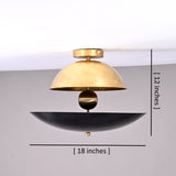 Brass Leaf Studio two-tone dome and bowl chandelier showing 18-inch width and 12-inch height dimensions in a sculptural flushmount design.