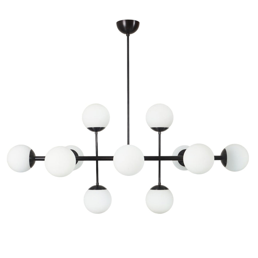 Angled view of modern black linear chandelier with frosted glass globes – handcrafted 10-light pendant by Brass Leaf Studio