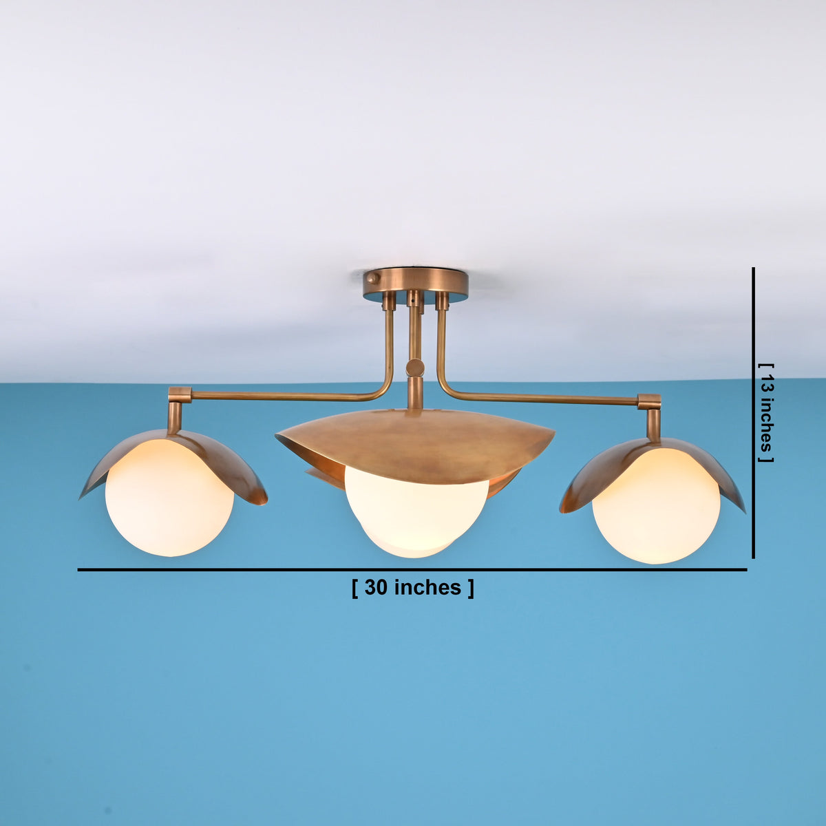 Brass flush mount ceiling light with labeled dimensions showing 30 inch width and 13 inch height