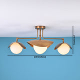 Brass flush mount ceiling light with labeled dimensions showing 30 inch width and 13 inch height