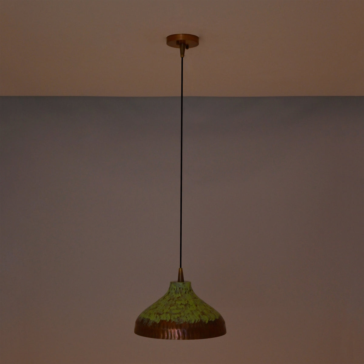 Brass Leaf Studio copper green patina pendant light with 14 inch dome shade for kitchen island and dining room lighting