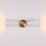 Brass Leaf Studio double cone sconce with white enamel painted shades and brushed brass hardware