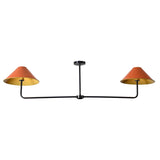 Dual-arm brass ceiling light with orange cone shades and gold interiors – handcrafted modern pendant by Brass Leaf Studio
