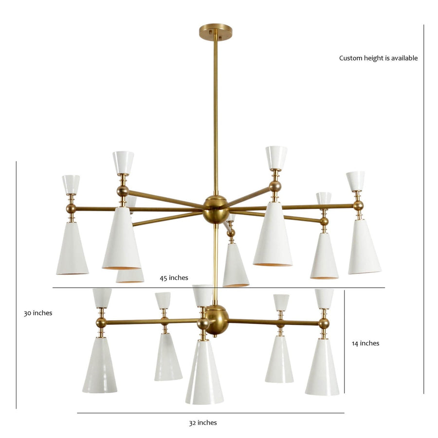 Modern dual-tier chandelier in brushed brass finish with white cone shades – handcrafted lighting fixture by Brass Leaf Studio