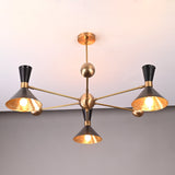 Industrial-style 3-light brass ceiling light featuring cone shades and brushed brass finish by Brass Leaf Studio.