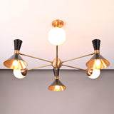 Mid-century style chandelier with brass arms, black cone shades, and white opal globes handcrafted by Brass Leaf Studio.