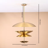 Dimensional view of handcrafted triple bowl brass chandelier showing 24-inch width and 38-inch height