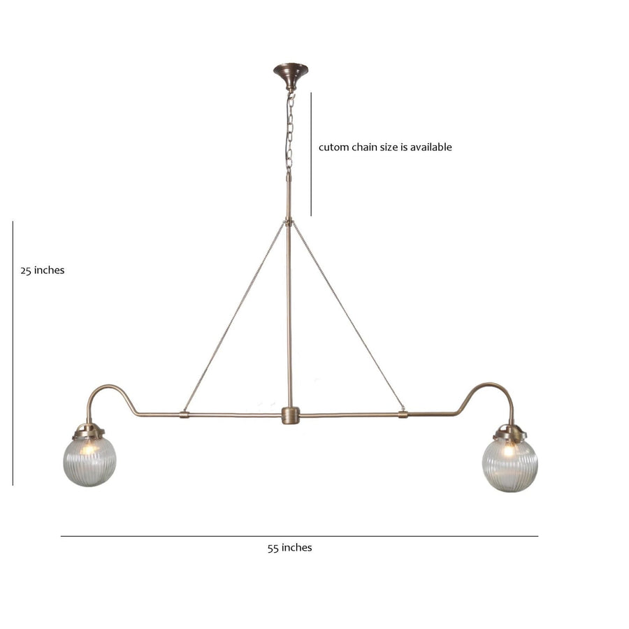 Modern 2-light brass linear chandelier with ribbed glass globes – handmade minimalist pendant by Brass Leaf Studio