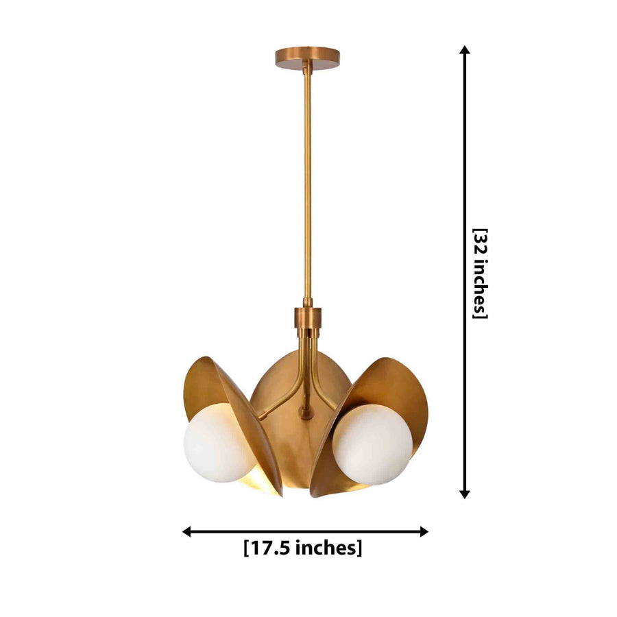Copenhagen Lotus 3-light globe chandelier with brass petal reflectors and opal globes installed in a warm bedroom interior