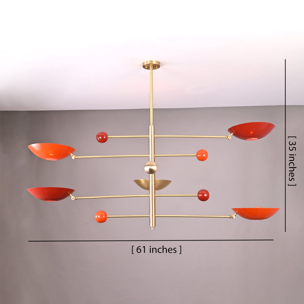 Dimension view of modern brass mobile chandelier showing 61-inch width and 35-inch height with customizable sizing options.