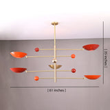 Dimension view of modern brass mobile chandelier showing 61-inch width and 35-inch height with customizable sizing options.