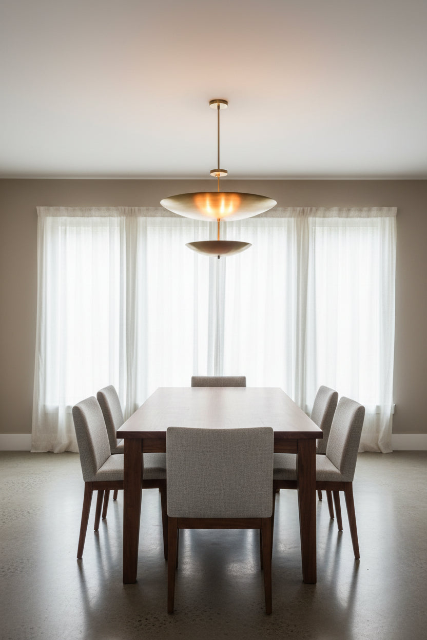 Solid brass disc chandelier in Brass Patina finish with wide 30 inch upper shade and lower reflector bowl