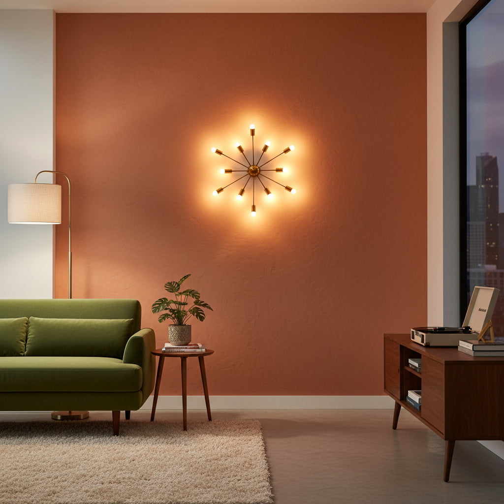 Brass patina starburst wall light with 12 extended arms and warm exposed bulbs for living room or entryway decor