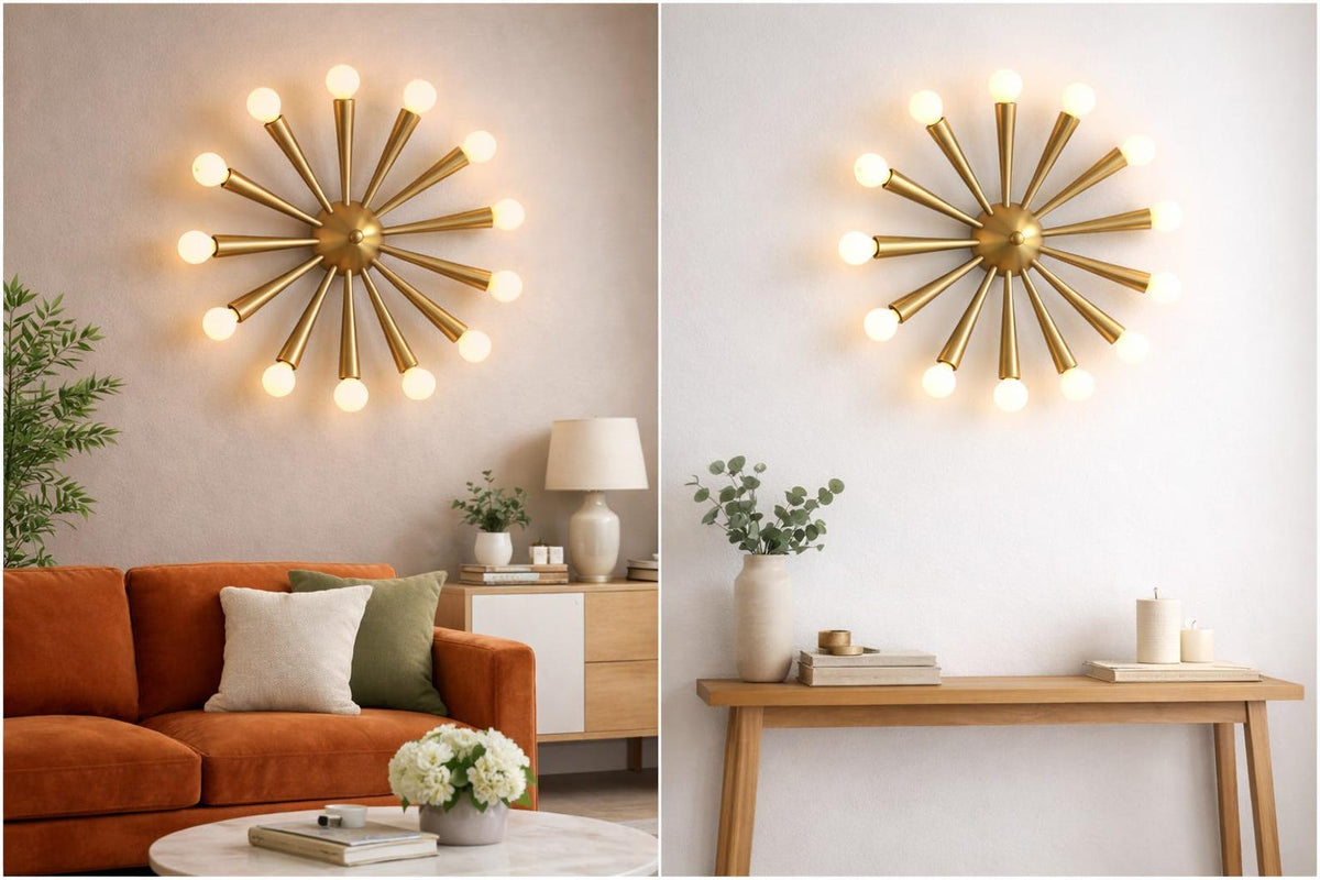 Mid-century brass starburst wall light showcased in modern interiors, highlighting its sculptural form and warm ambient glow.