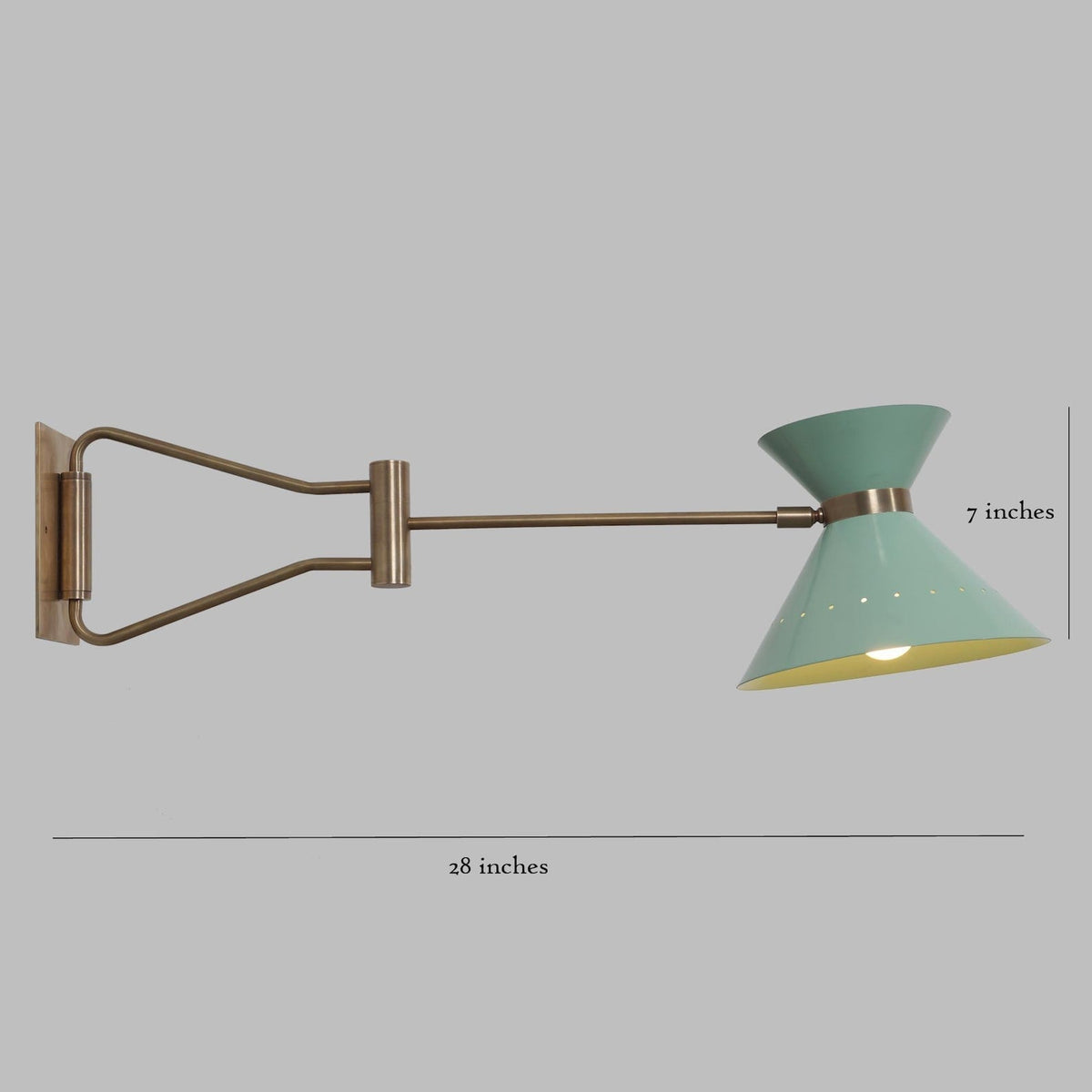 Dimension guide of brass swing arm wall lamp showing 28 inch reach and 7 inch cone shade height for scale and installation reference.