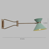 Dimension guide of brass swing arm wall lamp showing 28 inch reach and 7 inch cone shade height for scale and installation reference.